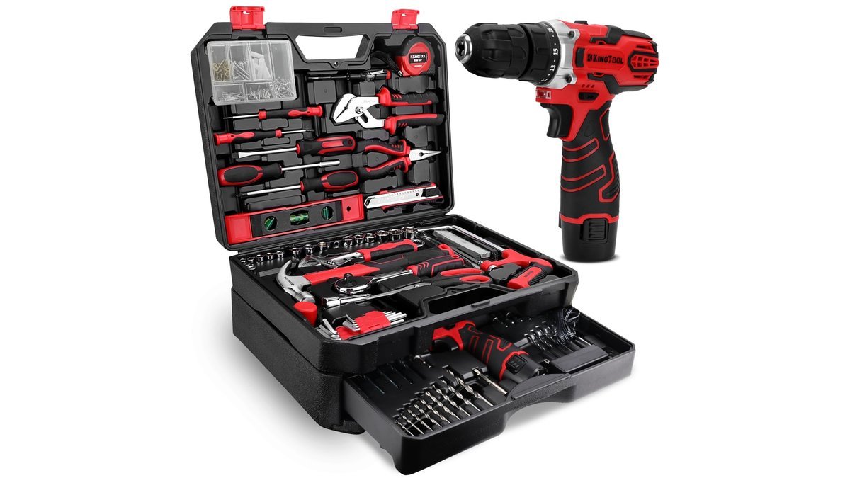 A complete KingTool set with a cordless drill and various hand tools organized neatly.
