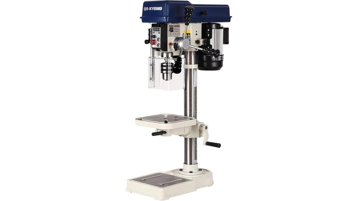 Ten-inch benchtop drill press with variable speed control on wooden workbench